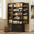 HOMCOM 72" H Kitchen Pantry Cabinet with LED Light and Door Shelves - Brown-Three-level adjustable shelves offer customizable storage for items of various sizes 