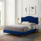 Modway Juniper Channel Tufted Performance Velvet Full Platform Bed with Gold Metal Legs - Navy-Stain-Resistant Performance Velvet