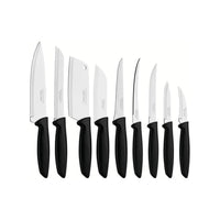 Tramontina Plenus Cutlery Stainless Steel Knife Set with Black Polypropylene Handles - 9 Piece Set-Set Includes: 1x 3" Vegetable Knife, 1x 3" Peeling Knife, 1x 5" Steak Knife, 1x 5" Boning Knife, 1x 5" Tomato Knife, 1x 5" Santoku Knife, 1x 5" Cleaver, 1x 7" Chef's Knife, 1x 7" Bread Knife