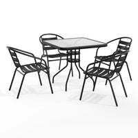 Flash Furniture 31.5" Square Glass Metal Table with 4 Black Metal Aluminum Slat Stack Chairs-Table and Chair Set