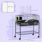 PawHut 35" H Rolling Small Animal Cage with Detachable Stand and Water Dispenser - Dark Grey-Includes a small house, elevated platform, food dish, hay feeder, and water dispenser 
