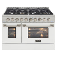 Kucht 48" KDF Series Pro Style Natural Gas Dual Fuel Range - Stainless Steel/White-Cook and bake like a pro with 2 separate ovens with large oven windows, the main is a heavy-duty blue porcelain oven with 4.2 cu. ft. of capacity while the additional side oven has 2.5 cu. Ft