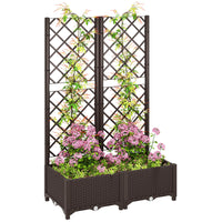 Outsunny Raised Garden Bed with Drainage Holes - Drain Plugs - Water Reservoir - Brown-Trellis supports climbing plants for vertical growth
