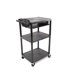 Luxor Resin 3-Shelf Flat Cart with Pullout Shelf & Power Strip - Black-Rolling cart with four 4" ball bearing casters, two with locking brake