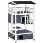 PawHut 4-Floor Outdoor Wood Cat House with Condo Entrances and Perch - Grey-The solid fir wood is robust and long-lasting 