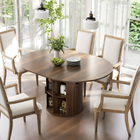 HOMCOM 43.3"-59" Round Extendable Table with Double Shelves & Fluted Doors for 4-6 - Walnut-Eight compartments plus an open shelf hold tableware or decor