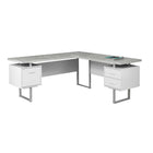 Monarch Specialties 7307 70" Computer Desk - White/Cement-Look Left/Right Face-L-shaped computer desk with 3 storage drawers featuring thick-panel construction and 3 sturdy metal legs in a silver finish