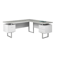 Monarch Specialties 7307 70" Computer Desk - White/Cement-Look Left/Right Face-L-shaped computer desk with 3 storage drawers featuring thick-panel construction and 3 sturdy metal legs in a silver finish