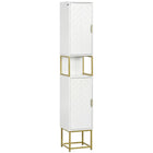 Kleankin Narrow Bathroom Linen Cabinet with Adjustable Shelf and Two Doors - White-Diamond chevron pattern with golden base enhances home aesthetics