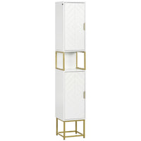 Kleankin Narrow Bathroom Linen Cabinet with Adjustable Shelf and Two Doors - White-Diamond chevron pattern with golden base enhances home aesthetics