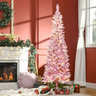 HOMCOM 6' Pre-Lit Snow-Flocked Artificial Pencil Christmas Tree with Auto Open - Pink-Pink leaves to create sweet atmosphere 