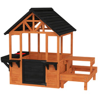 Qaba Outdoor Kids Wooden Garden Games Cottage with Table, Benches, Sink Table - Light Brown-Features a spacious area, giving multiple children their own private world