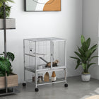 PawHut 34" H 2-Tier Rolling Small Animal Cage - Light Grey-A removable tray combine with an upper net to capture dirt easily 