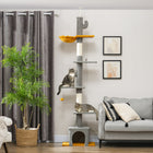 PawHut 90.5" - 108" Floor-To-Ceiling Cat Tree - Light Grey-Play center features hammock, platforms, and condo 