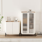 Manhattan Comfort Abbey Modern Accent Cabinet and Bookcase - Maple and Off White - Set of 2-Accent Cabinet Includes 2 Soft Close Doors with 2 Adjustable Shelf Spaces. Decor Cabinet Includes 2 Ribbed Tempered Glass Soft Close Doors with 4 Adjustable Shelf Spaces