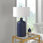 Hudson&Canal Sloane 29" Tall Ceramic Table Lamp with Fabric Shade - Matte Navy/White-Handcrafted matte navy finish is applied to the round ceramic base