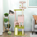 PawHut 62" Plush Flower Cat Tree with 2 Condos, Beds and Hammock - Pink-Robust sisal-wrapped posts satisfy natural scratching urges, protecting your furniture from damage 