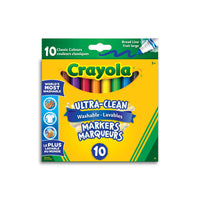 Crayola Ultra-Clean Washable Broad Line Markers, 10 Count-Features 10 Ultra-Clean Washable Broad Line Markers in classic colours that are perfect for the classroom