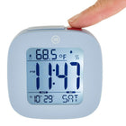 Marathon Compact Alarm Clock with Temperature and Date - Blue (CL030058BL)-Digital desktop/alarm clock with snooze function displays time, calendar and indoor temperature.