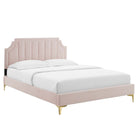 Modway Sienna Performance Velvet Queen Platform Bed with Gold Metal Legs - Pink-Reinforced Center Beam and Support Legs