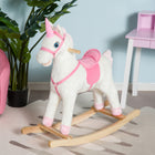 Qaba Kids Plush Unicorn Rocking Horse with Realistic Sounds - White & Pink-Soft huggable plush body with comfortable saddle and bridle for long journeys 