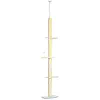PawHut 87" - 102" Floor-To-Ceiling Cat Tree with Anti-tip Kit - Yellow-Multilevel platforms allow multiple cats to play and rest simultaneously 