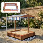 Outsunny Kids Wooden Sandbox with Cover, Adjustable Canopy, Seats - 47" x 47" x 47" - Dark Brown-This sand pit for kids is made with solid and certificated fir wood for a stable playing area
