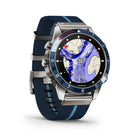 Garmin MARQ Captain (Gen 2) Modern Tool Watch-Built for living life at the helm, this luxury modern tool watch features a race-inspired striped jacquard-weave nylon strap and a stunning AMOLED touchscreen display with traditional button controls. The 46 mm case is made of Grade-5 titanium for an ultradurable design.