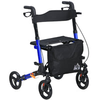 HOMCOM 8'' Wheels Folding Adjustable Rollator Walker with Seat and Bag - Blue-Can be folded quickly and conveniently with its innovative design 