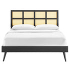 Modway Sidney Cane and Wood Queen Platform Bed with Splayed Legs - Black-Woven Cane Rattan Headboard