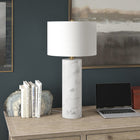 Hudson&Canal Elise 30" Tall Table Lamp with Fabric Shade - Marble/Brass/White-Base is crafted of real Arabescato marble, no two pieces are alike