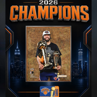 Frameworth New York Knicks 2026 Champions: Jalen Brunson Trophies PhotoGlass Framed Photo - 18" W x 22" H - Black-Framed photoglass display: Jalen Brunson PhotoGlass Frame New York Knicks 2026 Championship and MVP Trophies Black Championship Design for New York Knicks fans and collectors