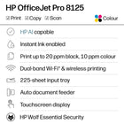 HP OfficeJet Pro 8125 All-in-One Printer - White-Includes printer, setup cartridges, power cord, and documentation