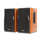 Edifier R1380T Stylish Bookshelf Speakers with dual RCA Input - Brown-Bass, treble, and volume controls on side panel. 