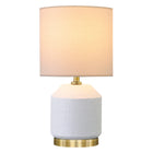 Hudson&Canal Esther 15" Tall Textured Ceramic Table Lamp with Fabric Shade - Matte White/Antique Brass/White-Paired with a white drum fabric shade