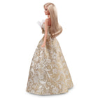 Mattel Barbie Signature 2025 Holiday Barbie Doll - Blonde with Silver & Gold Gown-The gown stands out with a full voluminous skirt featuring a strapless, ruffle trim collar, while her gold statement earrings add more holiday elegance!
