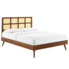 Modway Sidney Cane and Wood Full Platform Bed with Splayed Legs - Walnut-Woven Cane Rattan Headboard