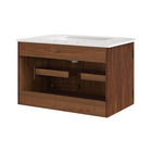 Modway Zia 30" Wall-Mount Bathroom Vanity with Marble Sink - Walnut-Solid Mango Wood Base with Fluted Pattern