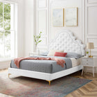 Modway Gwyneth Tufted Performance Velvet Queen Platform Bed with Gold Metal Legs - White-Bed Frame Weight Capacity: 800 lb