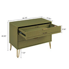 Manhattan Comfort DUMBO Modern 1-Drawer Nightstand and 3-Drawer Dresser Set - Olive Green-Horizontal Glam Drawer Handles Made of Metal with a Gold Finish.