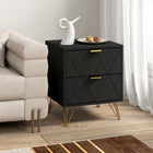 HOMCOM Bedside Table with Storage and Gold Hairpin Legs - Black-Modern style with embossed lines and gold handles adds elegant aesthetics