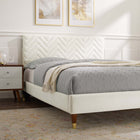 Modway Leah Chevron Tufted Performance Velvet Full Platform Bed with Wood Legs and Gold Metal Sleeves - White-Wood Slat Support System