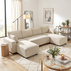 HOMCOM U-Shaped Sofa Couch with Double Chaises - Beige-Cozy corduroy fabric adds warmth and durability to your lounge  
