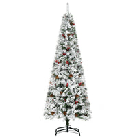 HOMCOM 6' Snow-Flocked Pencil Artificial Christmas Tree with Auto Open - Green-Lush pine tree shape with pine cones and red berries for a healthy, natural look 