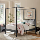 Modway Marlowe 4-Poster Canopy Metal Full Platform Bed - Charcoal-Adjustable Upholstered Cushioned Headboard