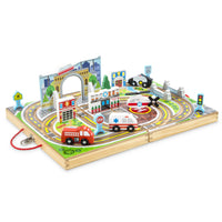 Melissa & Doug 18-Piece Wooden Take-Along Tabletop Town Set- Includes 4 wooden vehicles to race to the rescue around town: police car, ambulance, fire engine, helicopter 