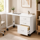 HOMCOM 42" Foldable Mobile Computer Desk with 3 Drawers and Wheels - White Wood Grain-For computer desk alternatives, three drawers keep supplies and files sorted