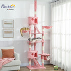 PawHut 94"-102" H Floor-to-Ceiling Cat Tree with Scratching Posts and Hammock - Pink-Includes 2 condos, 1 tunnel, and 2 baskets for sleeping and playing 