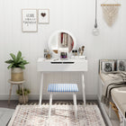 HOMCOM Makeup Vanity Desk with Round Mirror and 2 Drawers - 31.5" L x 15.7" W x 49.2" H - White-2 drawers offer ample storage space and prevent your cosmetics from getting dusty 
