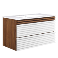 Modway Render 36" Wall-Mount Bathroom Vanity - White/Walnut/White-Mid-Century Modern Vanity